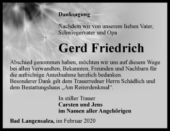 Traueranzeige von Gerd Friedrich von Thüringer Allgemeine, Thüringische Landeszeitung