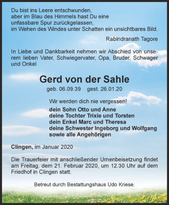 Traueranzeige von Gerd von der Sahle von Thüringer Allgemeine