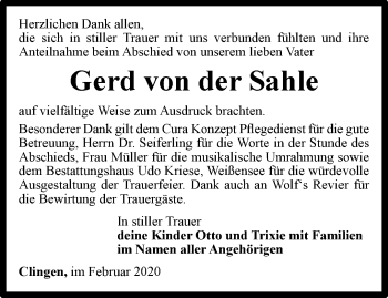 Traueranzeige von Gerd von der Sahle von Thüringer Allgemeine