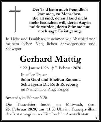 Traueranzeige von Gerhard Mattig von Thüringer Allgemeine