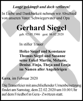 Traueranzeige von Gerhard Siegel von Ostthüringer Zeitung