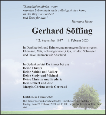 Traueranzeige von Gerhard Söffing von Ostthüringer Zeitung, Thüringische Landeszeitung