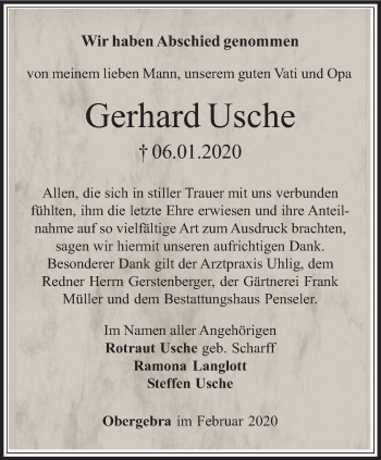 Traueranzeige von Gerhard Usche von Thüringer Allgemeine