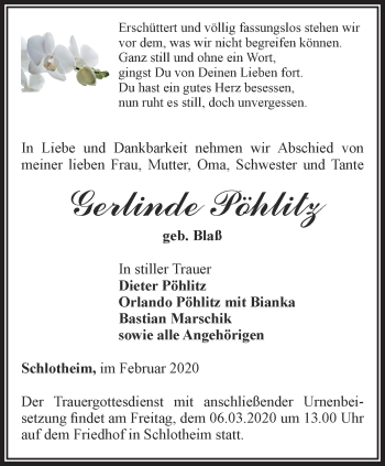 Traueranzeige von Gerlinde Pöhlitz von Thüringer Allgemeine, Thüringische Landeszeitung