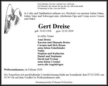 Traueranzeige von Gert Dreise von Thüringer Allgemeine