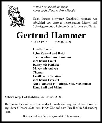 Traueranzeige von Gertrud Hammer