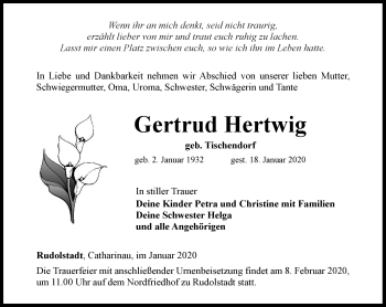 Traueranzeige von Gertrud Hertwig von Ostthüringer Zeitung