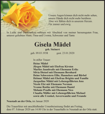 Traueranzeige von Gisela Mädel