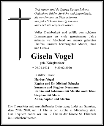 Traueranzeige von Gisela Vogel von Thüringer Allgemeine, Thüringische Landeszeitung