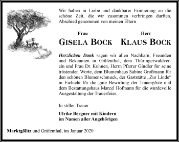 Traueranzeige von Gisela und Klaus Bock von Ostthüringer Zeitung