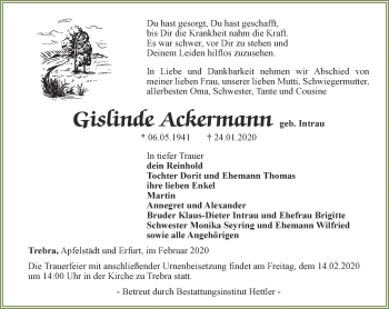 Traueranzeige von Gislinde Ackermann von Thüringer Allgemeine