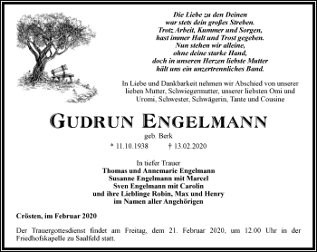 Traueranzeige von Gudrun Engelmann von Ostthüringer Zeitung