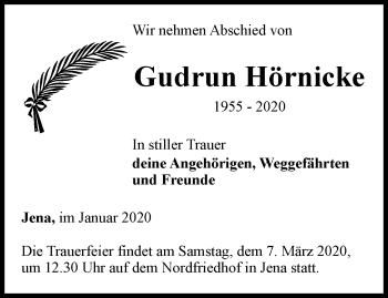 Traueranzeige von Gudrun Hörnicke von Ostthüringer Zeitung, Thüringische Landeszeitung