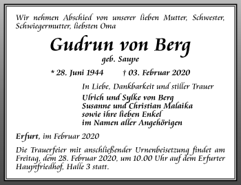 Traueranzeige von Gudrun von Berg von Thüringer Allgemeine, Thüringische Landeszeitung