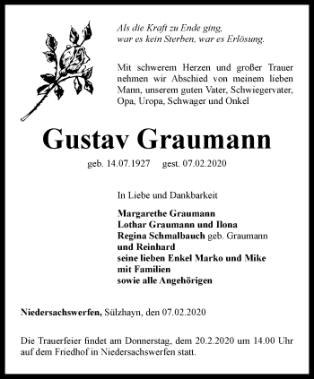 Traueranzeige von Gustav Graumann von Thüringer Allgemeine