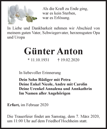Traueranzeige von Günter Anton von Thüringer Allgemeine, Thüringische Landeszeitung