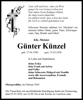 Traueranzeige von Günter Künzel von Ostthüringer Zeitung