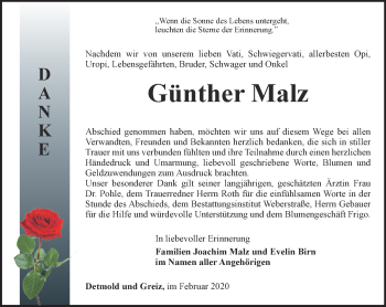 Traueranzeige von Günther Malz von Ostthüringer Zeitung