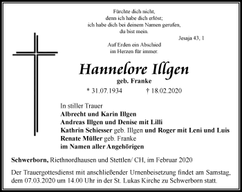 Traueranzeige von Hannefore Illgen von Thüringer Allgemeine, Thüringische Landeszeitung