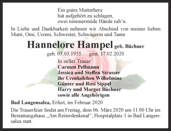 Traueranzeige von Hannelore Hampel von Thüringer Allgemeine, Thüringische Landeszeitung