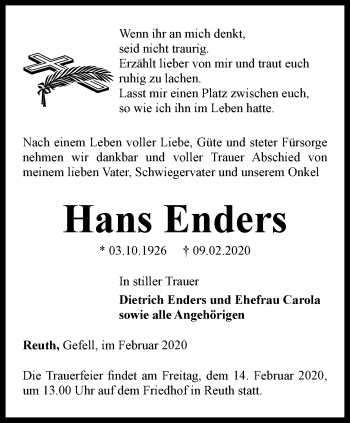 Traueranzeige von Hans Enders von Ostthüringer Zeitung