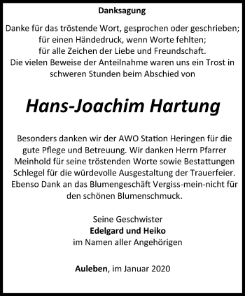 Traueranzeige von Hans-Joachim Hartung von Thüringer Allgemeine