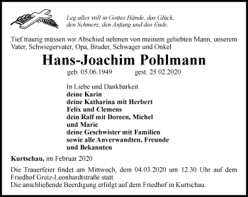 Traueranzeige von Hans-Joachim Pohlmann von Ostthüringer Zeitung