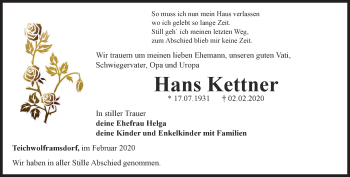 Traueranzeige von Hans Kettner von Ostthüringer Zeitung