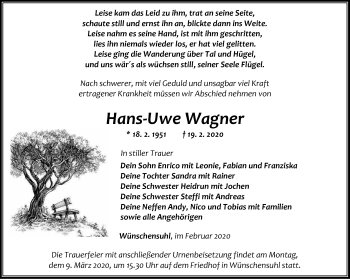 Traueranzeige von Hans-Uwe Wagner von Thüringer Allgemeine, Thüringische Landeszeitung