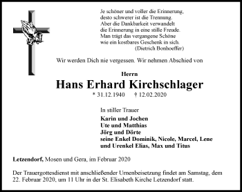 Traueranzeige von Hans Erhard Kirchschlager von Ostthüringer Zeitung