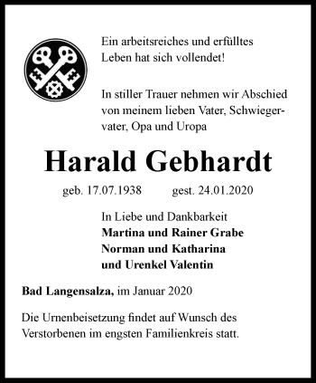 Traueranzeige von Harald Gebhardt von Thüringer Allgemeine, Thüringische Landeszeitung