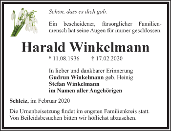 Traueranzeige von Harald Winkelmann von Ostthüringer Zeitung