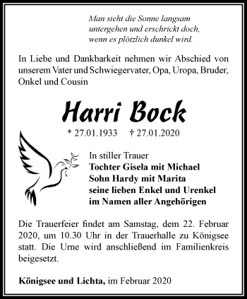 Traueranzeige von Harri Bock von Ostthüringer Zeitung