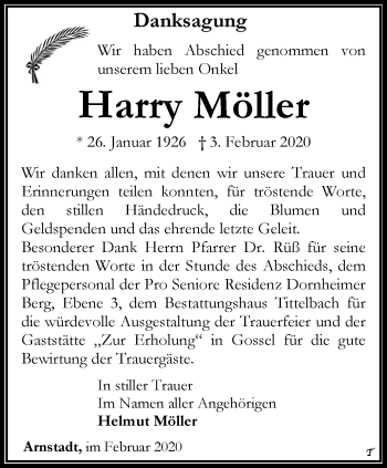 Traueranzeige von Harry Möller von Thüringer Allgemeine