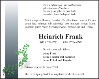 Traueranzeige von Heinrich Frank von Thüringer Allgemeine