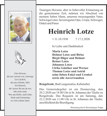 Traueranzeige von Heinrich Lotze von Thüringer Allgemeine