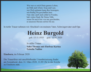 Traueranzeige von Heinz Burgold von Ostthüringer Zeitung