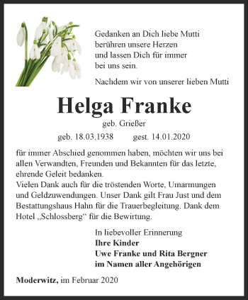 Traueranzeige von Helga Franke