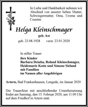 Traueranzeige von Helga Kleinschmager von Thüringer Allgemeine