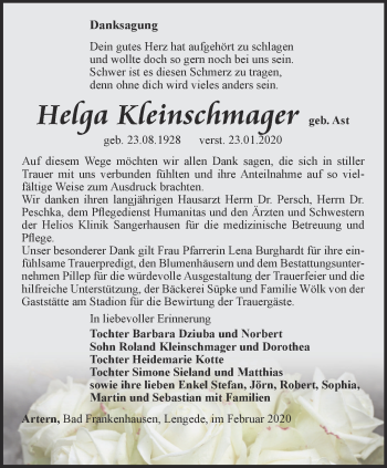 Traueranzeige von Helga Kleinschmager von Thüringer Allgemeine