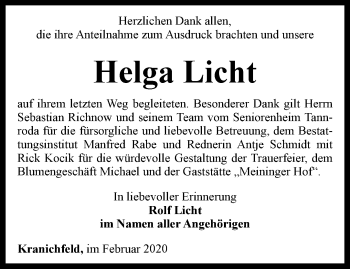 Traueranzeige von Helga Licht von Thüringer Allgemeine, Thüringische Landeszeitung