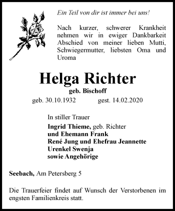 Traueranzeige von Helga Richter von Thüringer Allgemeine, Thüringische Landeszeitung