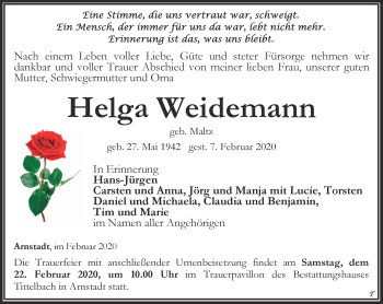 Traueranzeige von Helga Weidemann von Thüringer Allgemeine