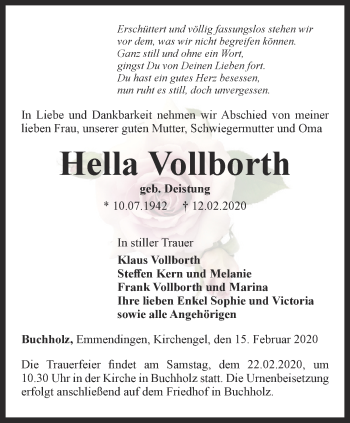 Traueranzeige von Hella Vollborth von Thüringer Allgemeine