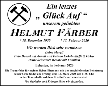 Traueranzeige von Helmut Färber von Ostthüringer Zeitung