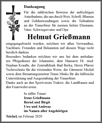 Traueranzeige von Helmut Grießmann von Ostthüringer Zeitung