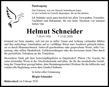 Traueranzeige von Helmut Schneider von Ostthüringer Zeitung