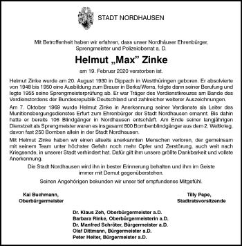 Traueranzeige von Helmut  Zinke von Thüringer Allgemeine, Thüringische Landeszeitung