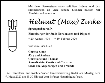 Traueranzeige von Helmut  Zinke von Thüringer Allgemeine, Thüringische Landeszeitung