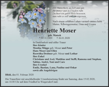 Traueranzeige von Henriette Moser von Thüringer Allgemeine